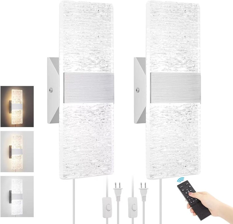 GOODATE Plug in Wall Sconces with Adjustable 3000K-6500K Colors & 10%-100% Brightness, Sconces Wall Decor Set of 2 with Remote Control, 12W Acrylic LED Plug in Wall Light (2 Pack, Corrugated Finish) - Image 1